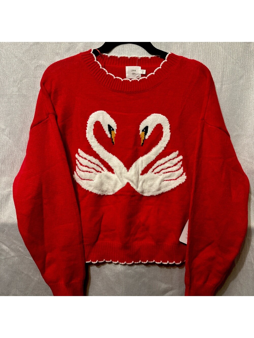 New Luna Ivy Red Sweater with White Swan Design, Size M - Picture 2 of 7